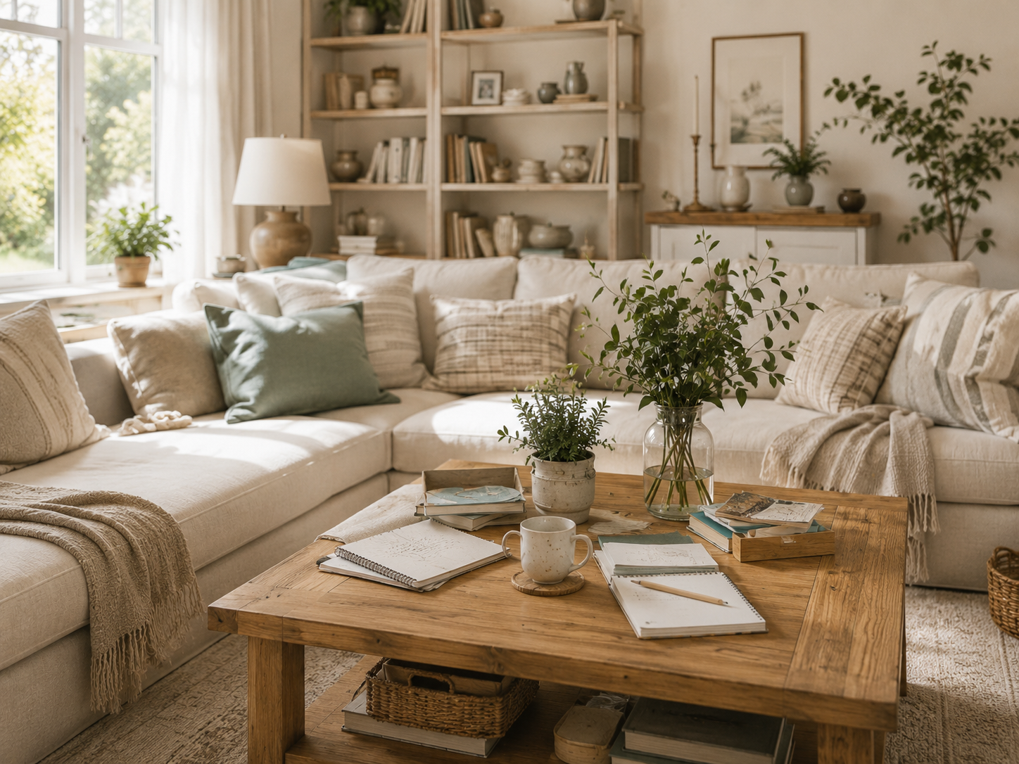 Sala de estar clara com mesa de madeira, cadernos e plantas, sugerindo rotina, acolhimento e planejamento em casa